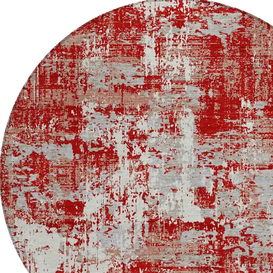 8' Red Gray And Ivory Round Abstract Washable Indoor Outdoor Area Rug Photo 5