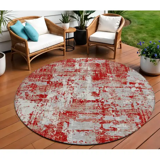 8' Red Gray And Ivory Round Abstract Washable Indoor Outdoor Area Rug Photo 1