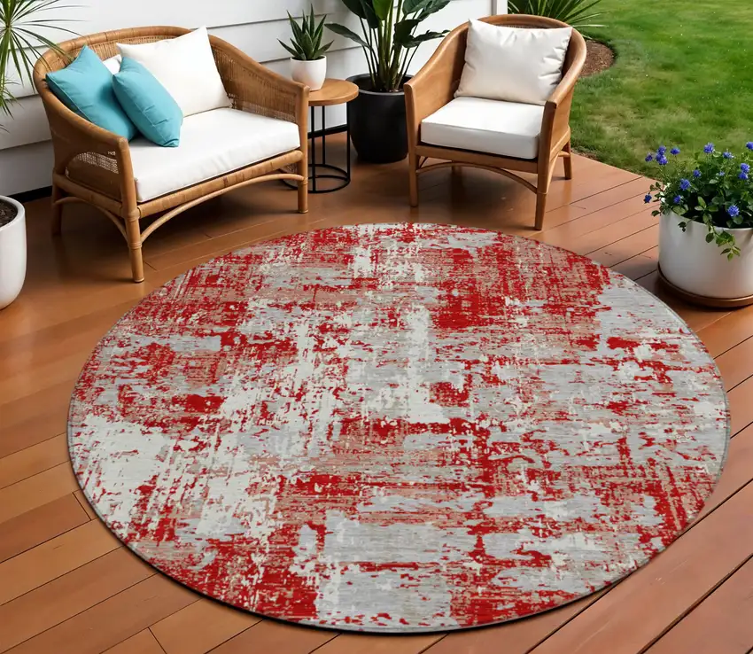 8' Red Gray And Ivory Round Abstract Washable Indoor Outdoor Area Rug Photo 1
