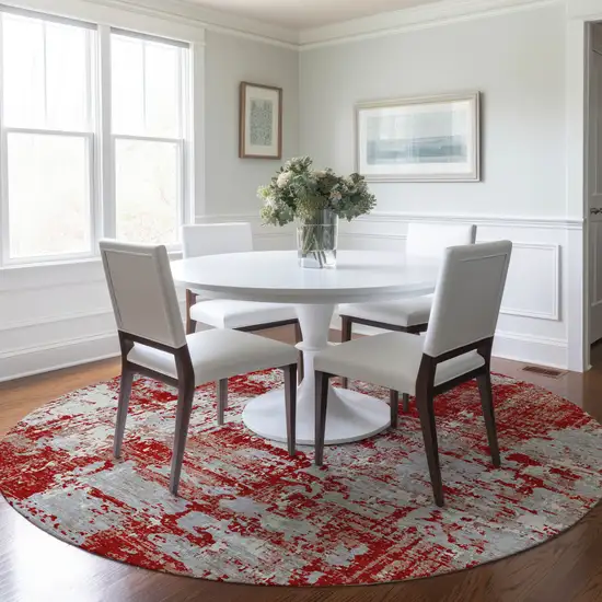 8' Red Gray And Ivory Round Abstract Washable Indoor Outdoor Area Rug Photo 8