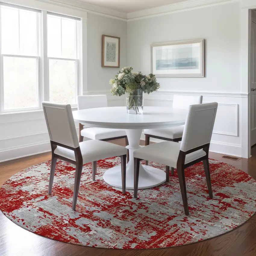 8' Red Gray And Ivory Round Abstract Washable Indoor Outdoor Area Rug Photo 8