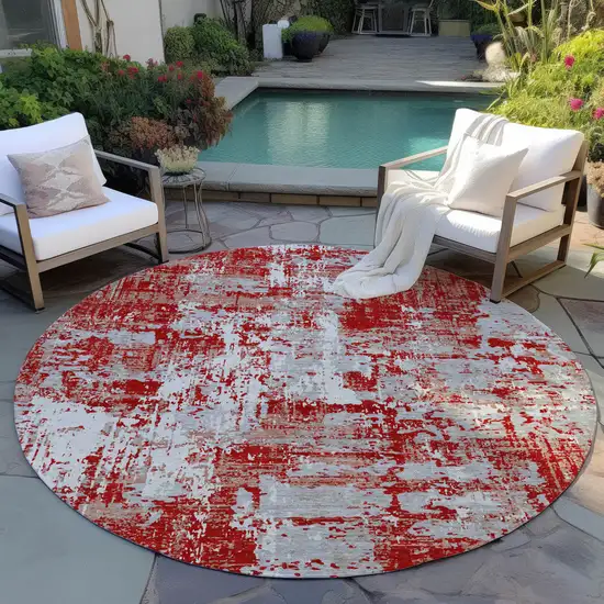 8' Red Gray And Ivory Round Abstract Washable Indoor Outdoor Area Rug Photo 7