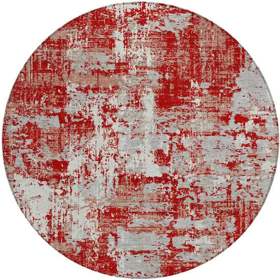 8' Red Gray And Ivory Round Abstract Washable Indoor Outdoor Area Rug Photo 2