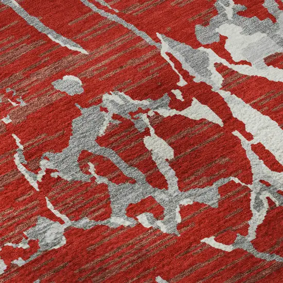 8' Red Gray And Ivory Striped Washable Round Rug With UV Protection Photo 8