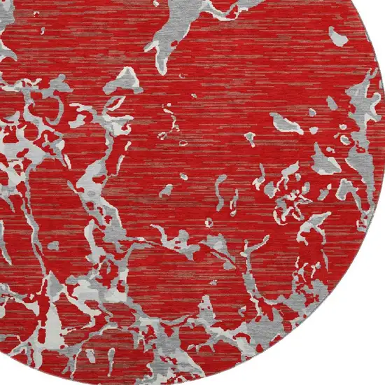 8' Red Gray And Ivory Striped Washable Round Rug With UV Protection Photo 2