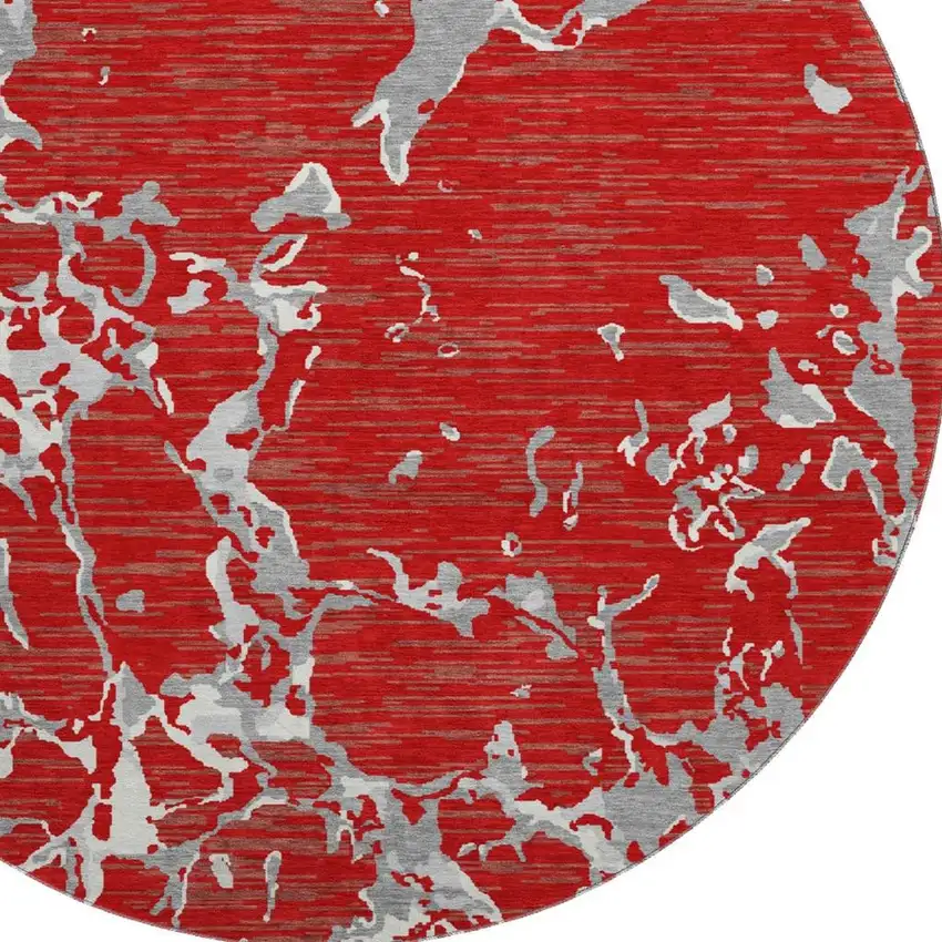 8' Red Gray And Ivory Striped Washable Round Rug With UV Protection Photo 2