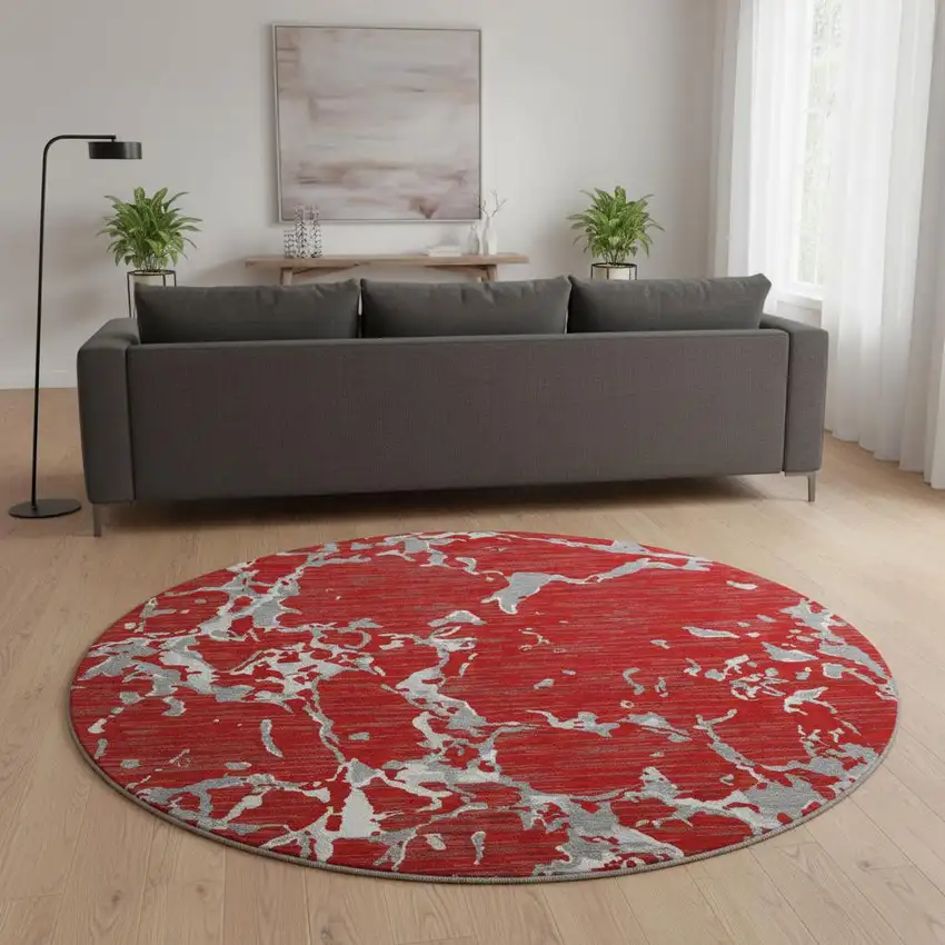 8' Red Gray And Ivory Striped Washable Round Rug With UV Protection Photo 2