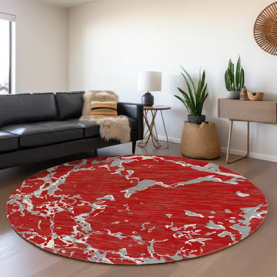 8' Red Gray And Ivory Striped Washable Round Rug With UV Protection Photo 4