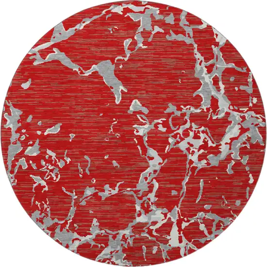 8' Red Gray And Ivory Striped Washable Round Rug With UV Protection Photo 3