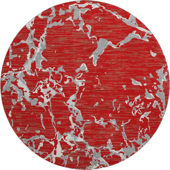 8' Red Gray And Ivory Striped Washable Round Rug With UV Protection Photo 1