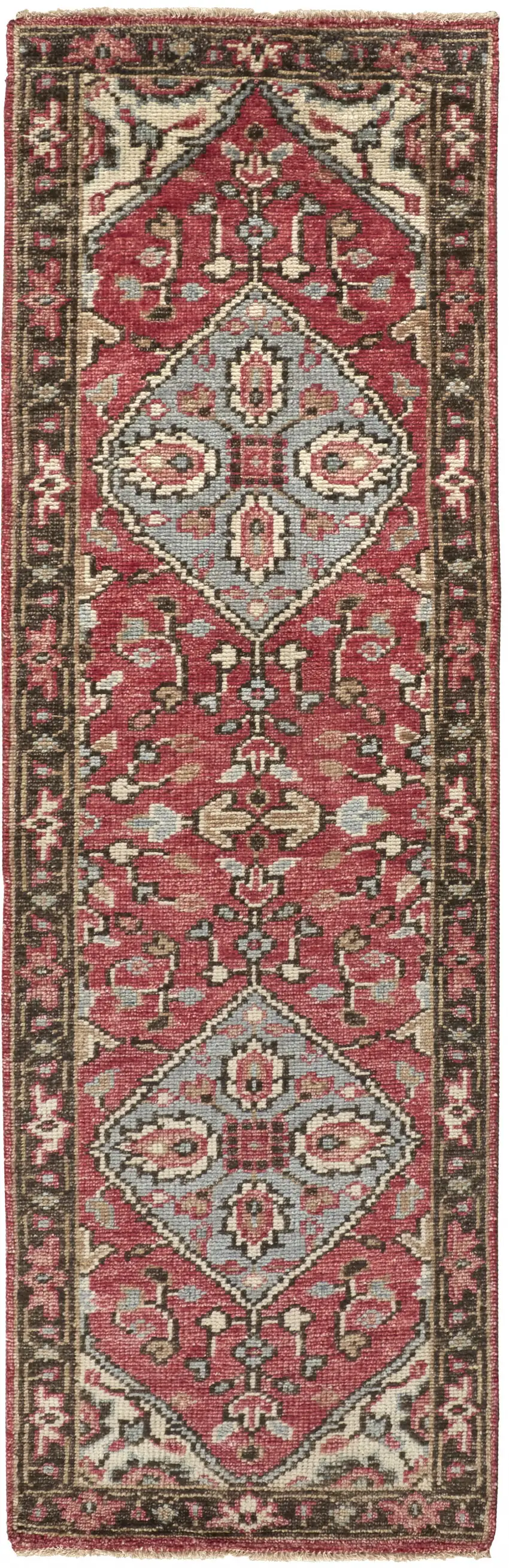 8' Red Gray And Ivory Wool Floral Hand Knotted Distressed Stain Resistant Runner Rug With Fringe Photo 1