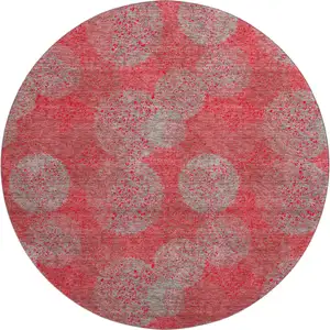 Photo of 8' Red Gray And Silver Abstract Washable Round Rug With UV Protection