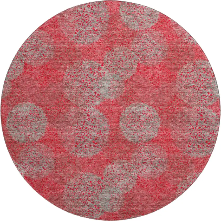 8' Red Gray And Silver Abstract Washable Round Rug With UV Protection Photo 1