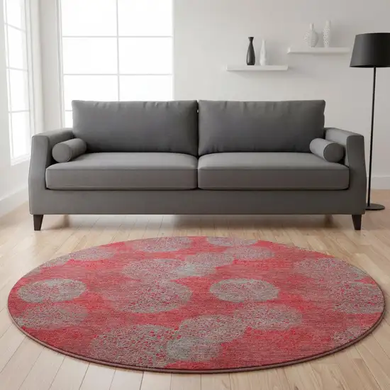 8' Red Gray And Silver Abstract Washable Round Rug With UV Protection Photo 2
