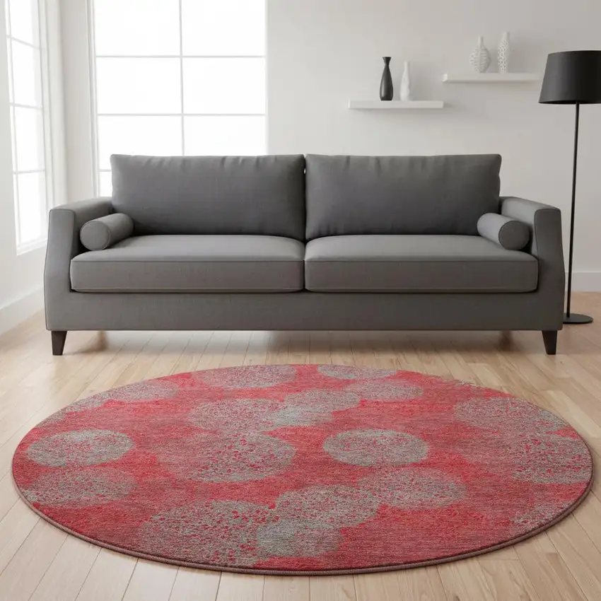 8' Red Gray And Silver Abstract Washable Round Rug With UV Protection Photo 2