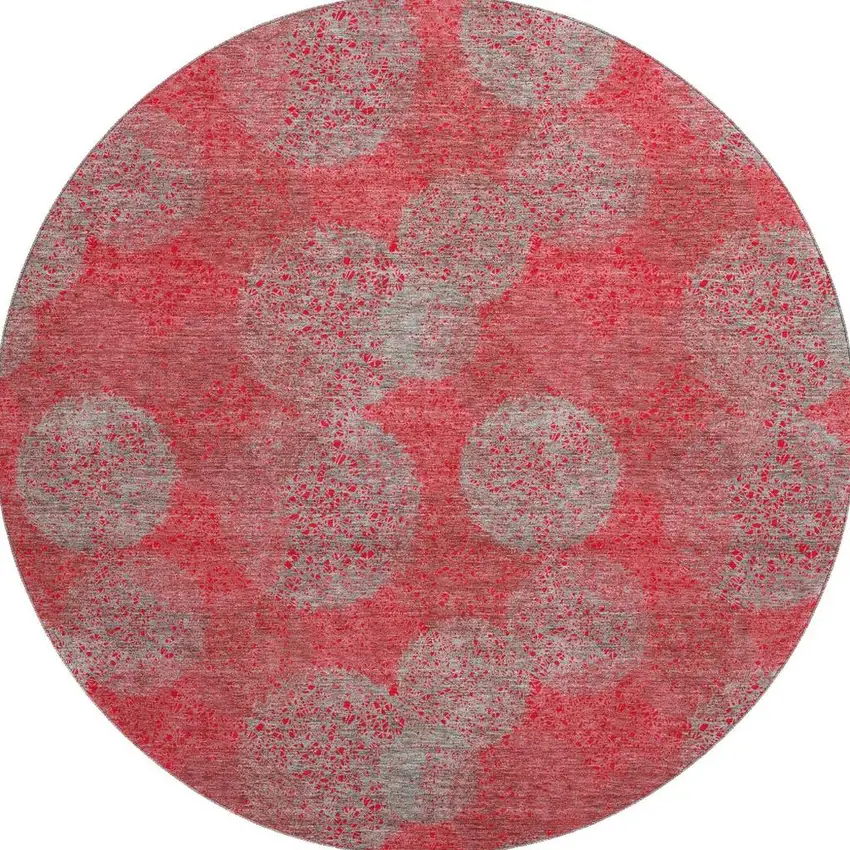 8' Red Gray And Silver Abstract Washable Round Rug With UV Protection Photo 2