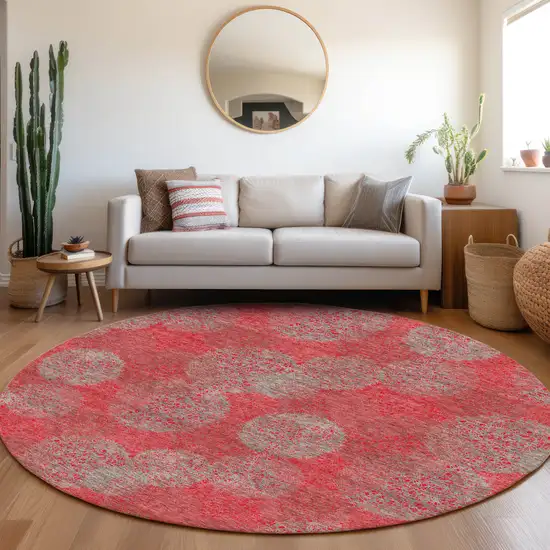 8' Red Gray And Silver Abstract Washable Round Rug With UV Protection Photo 3