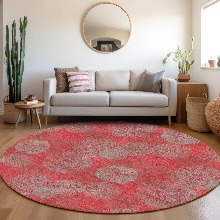 8' Red Gray And Silver Abstract Washable Round Rug With UV Protection Photo 3