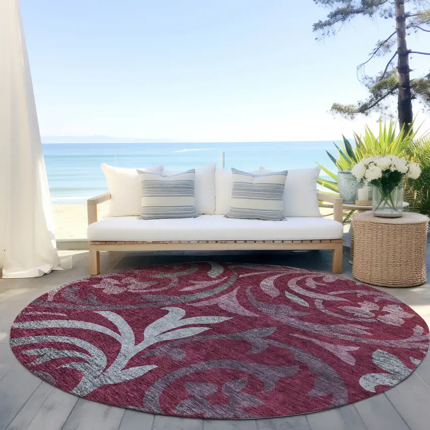 8' Red Gray And Silver Round Floral Washable Indoor Outdoor Area Rug Photo 7