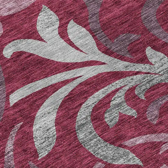 8' Red Gray And Silver Round Floral Washable Indoor Outdoor Area Rug Photo 4