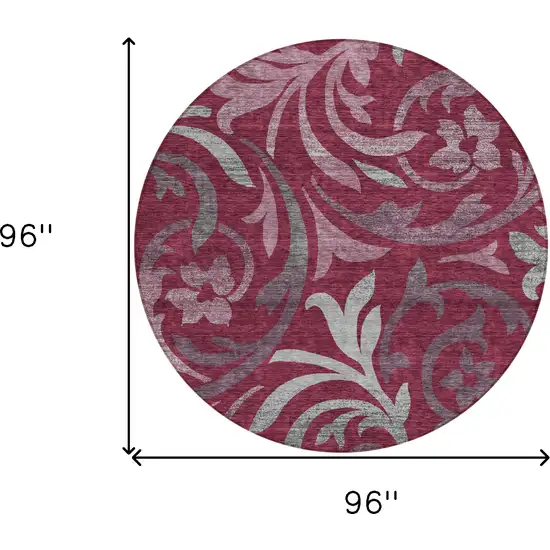 8' Red Gray And Silver Round Floral Washable Indoor Outdoor Area Rug Photo 9