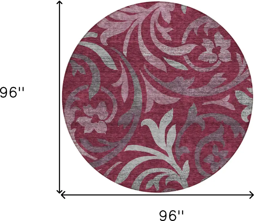 8' Red Gray And Silver Round Floral Washable Indoor Outdoor Area Rug Photo 9