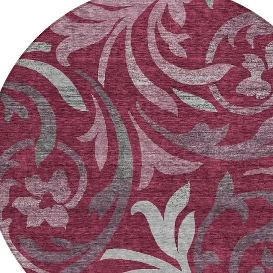 8' Red Gray And Silver Round Floral Washable Indoor Outdoor Area Rug Photo 5