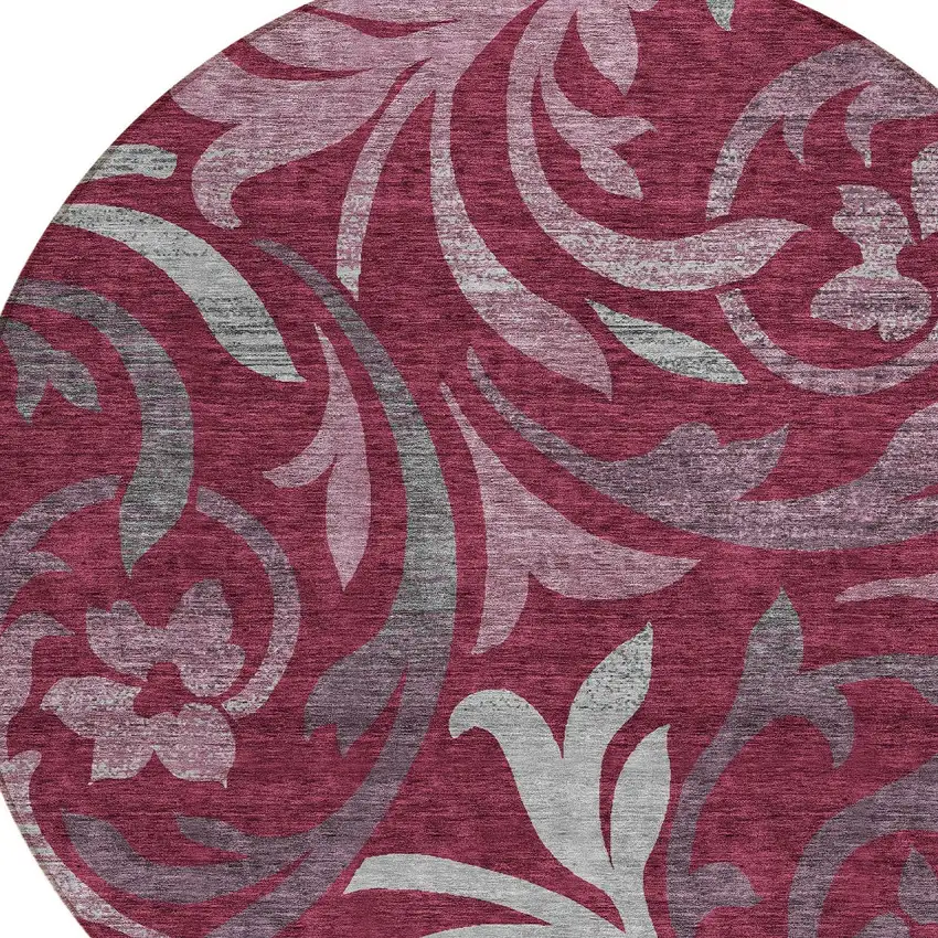 8' Red Gray And Silver Round Floral Washable Indoor Outdoor Area Rug Photo 5