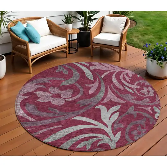 8' Red Gray And Silver Round Floral Washable Indoor Outdoor Area Rug Photo 1