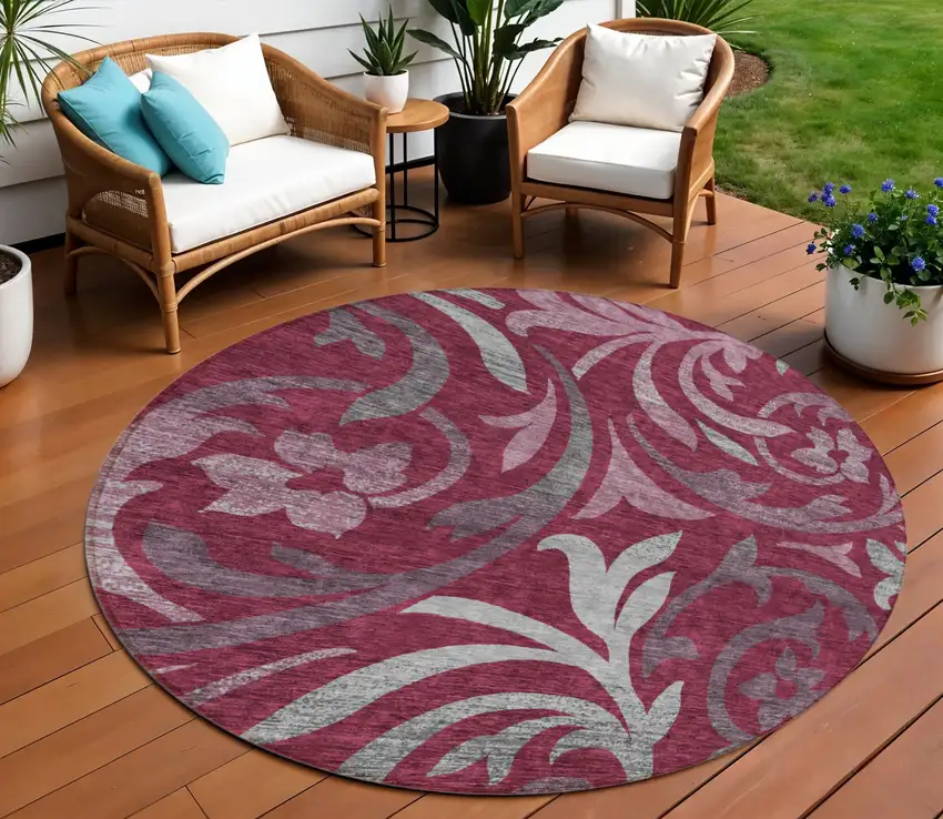 8' Red Gray And Silver Round Floral Washable Indoor Outdoor Area Rug Photo 1