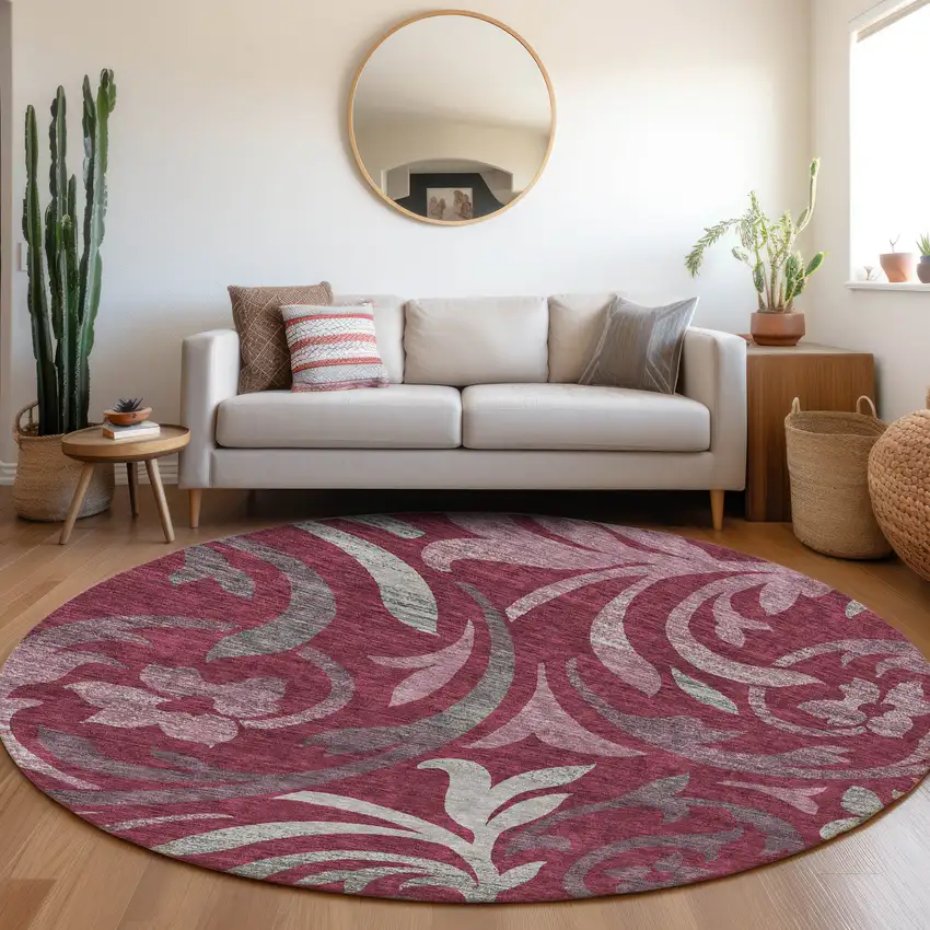 8' Red Gray And Silver Round Floral Washable Indoor Outdoor Area Rug Photo 8