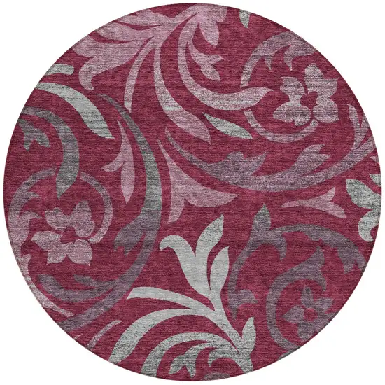 8' Red Gray And Silver Round Floral Washable Indoor Outdoor Area Rug Photo 6