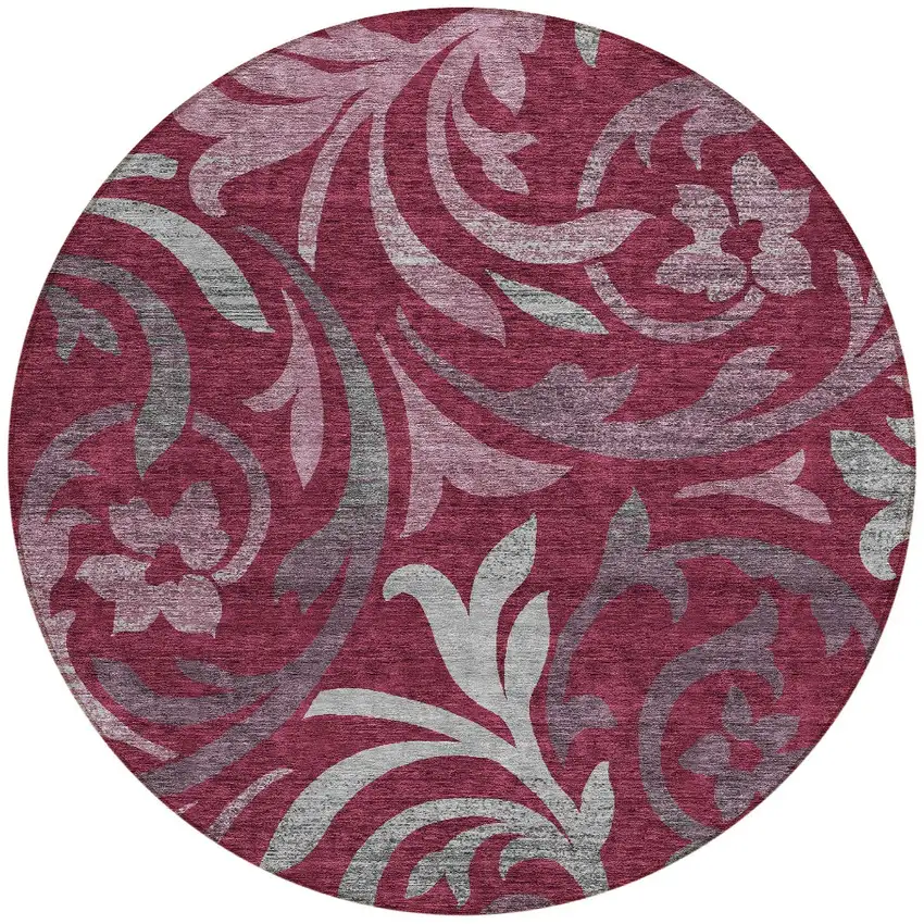 8' Red Gray And Silver Round Floral Washable Indoor Outdoor Area Rug Photo 6