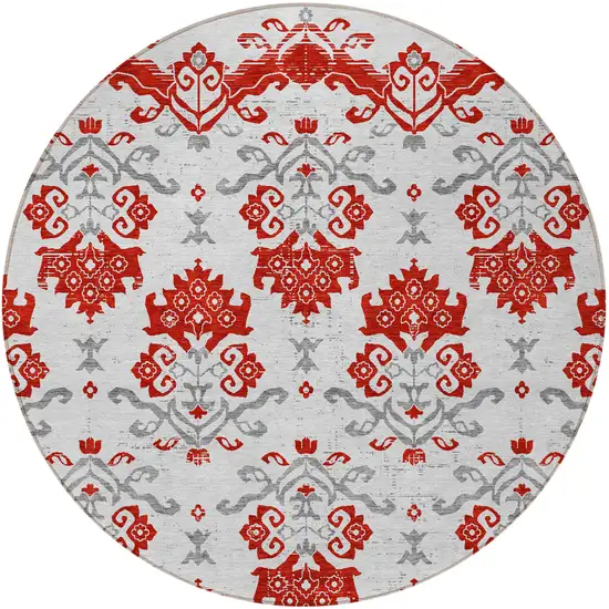 8' Red Gray And Silver Round Oriental Washable Indoor Outdoor Area Rug Photo 4