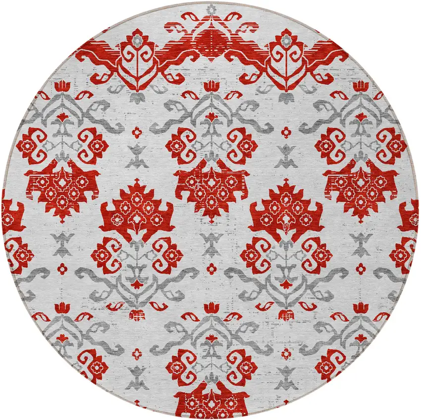 8' Red Gray And Silver Round Oriental Washable Indoor Outdoor Area Rug Photo 4