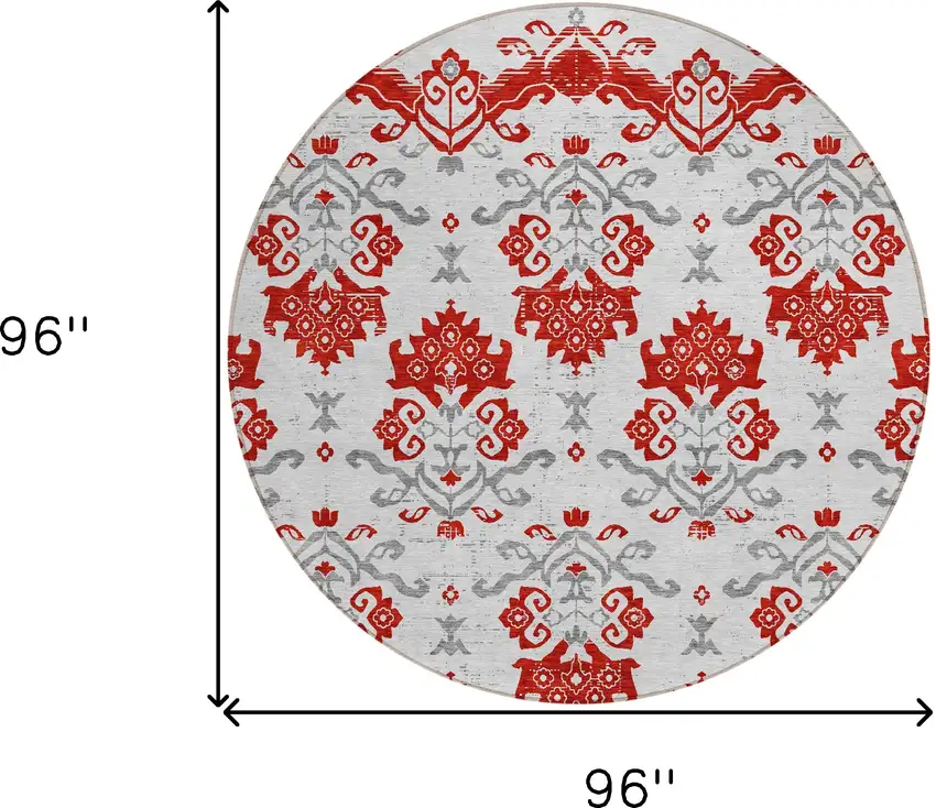 8' Red Gray And Silver Round Oriental Washable Indoor Outdoor Area Rug Photo 3