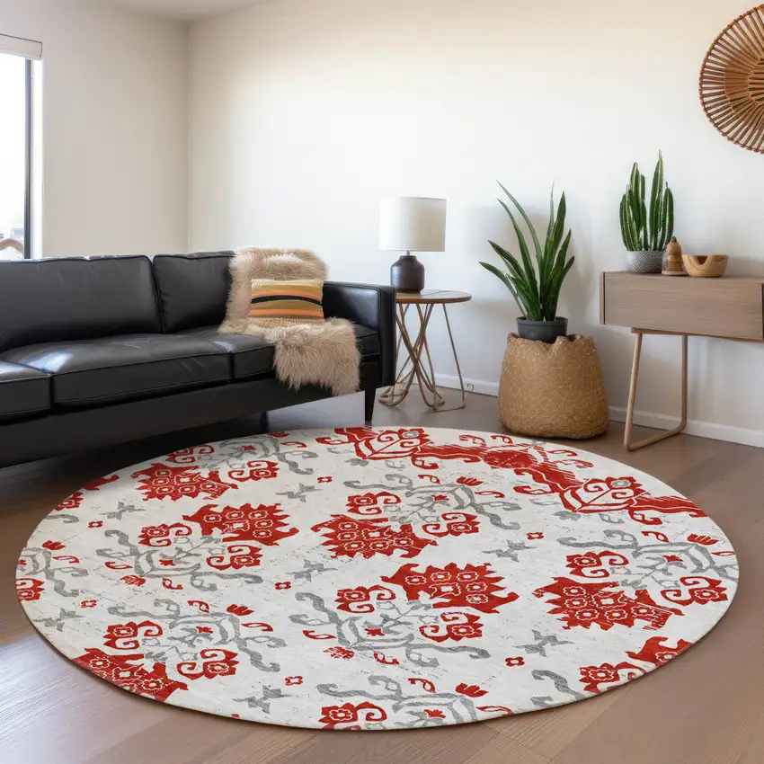 8' Red Gray And Silver Round Oriental Washable Indoor Outdoor Area Rug Photo 6