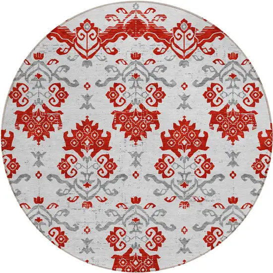 8' Red Gray And Silver Round Oriental Washable Indoor Outdoor Area Rug Photo 2