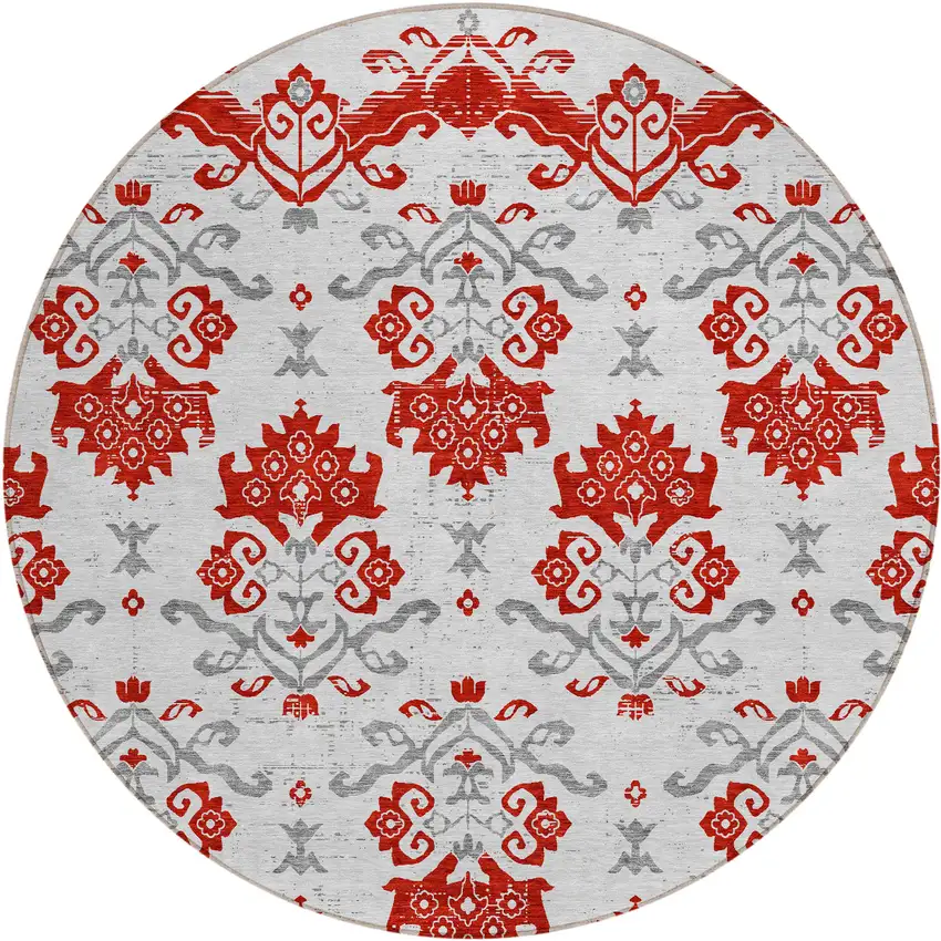 8' Red Gray And Silver Round Oriental Washable Indoor Outdoor Area Rug Photo 2