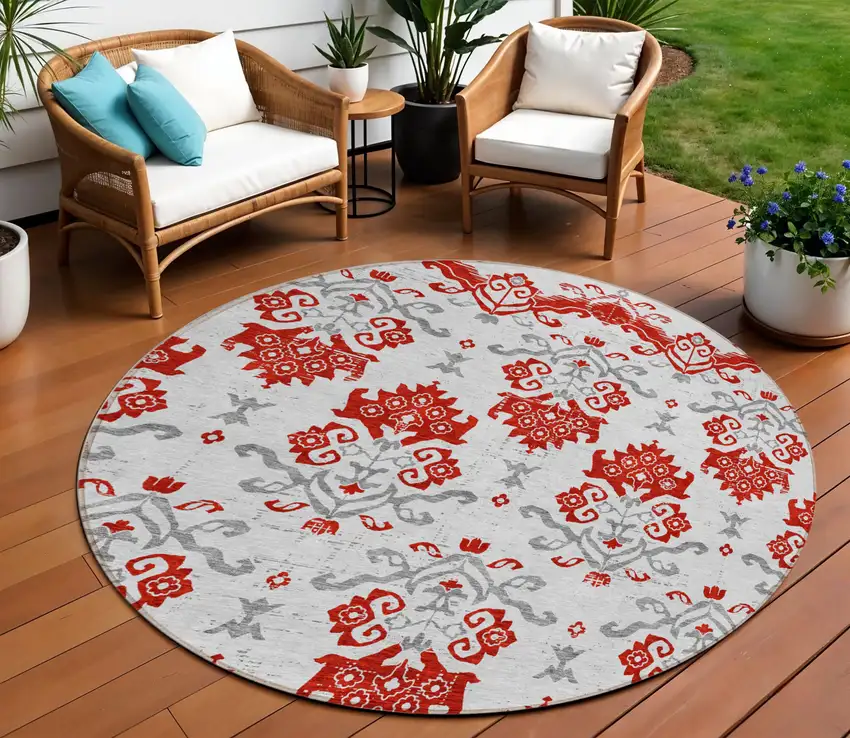 8' Red Gray And Silver Round Oriental Washable Indoor Outdoor Area Rug Photo 1
