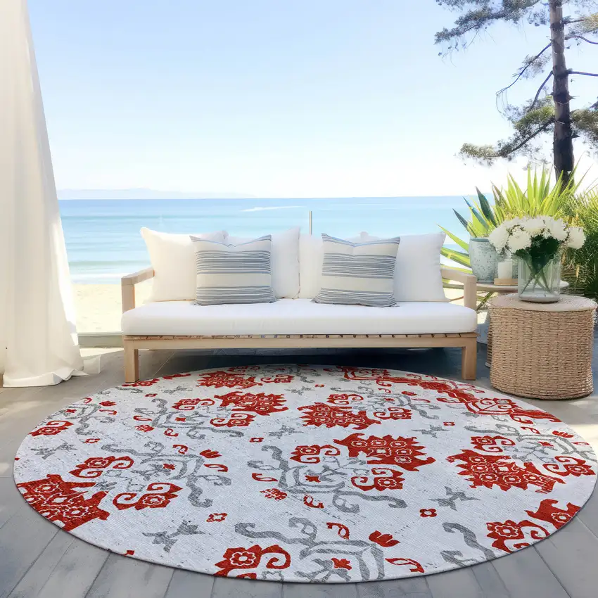 8' Red Gray And Silver Round Oriental Washable Indoor Outdoor Area Rug Photo 5