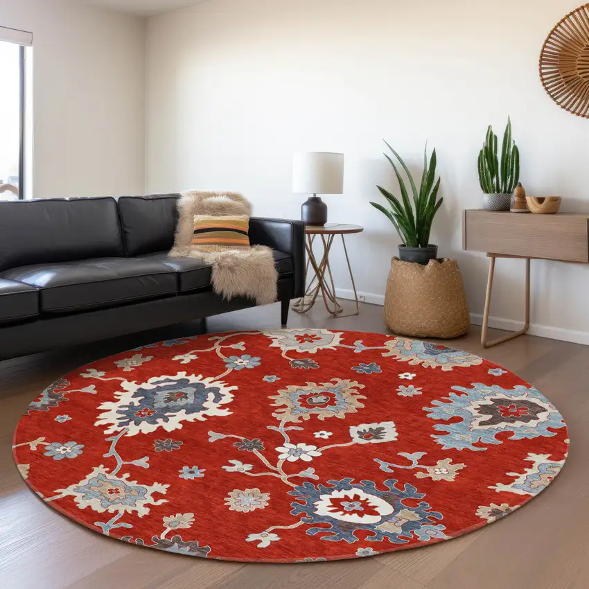 8' Red Gray And Taupe Round Floral Washable Indoor Outdoor Area Rug Photo 7