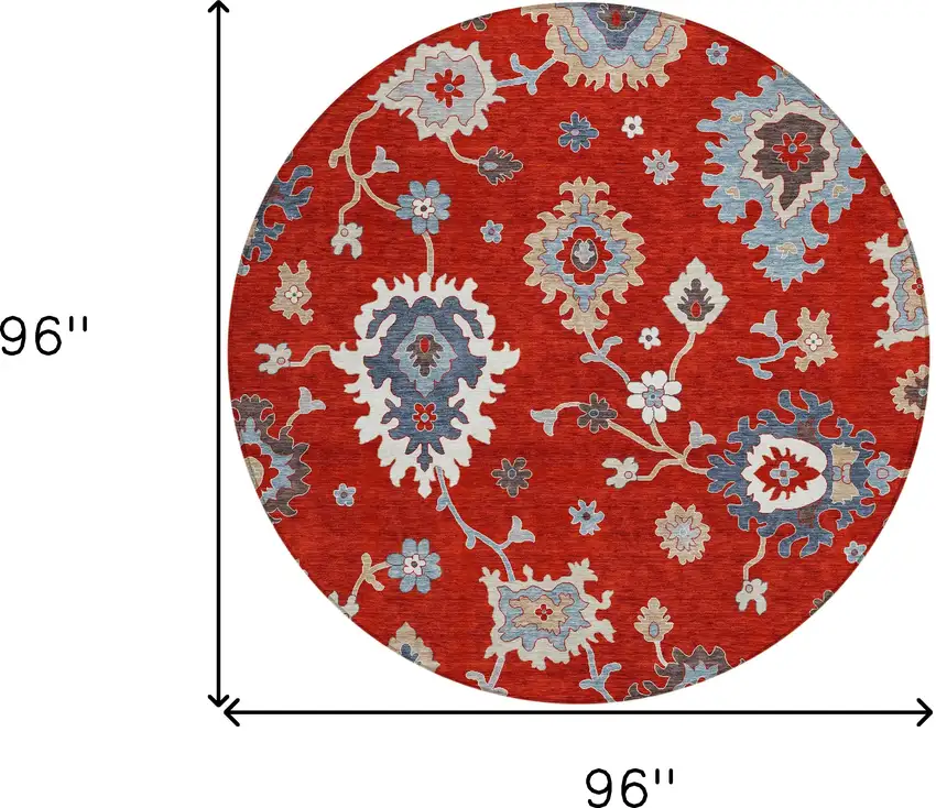 8' Red Gray And Taupe Round Floral Washable Indoor Outdoor Area Rug Photo 8