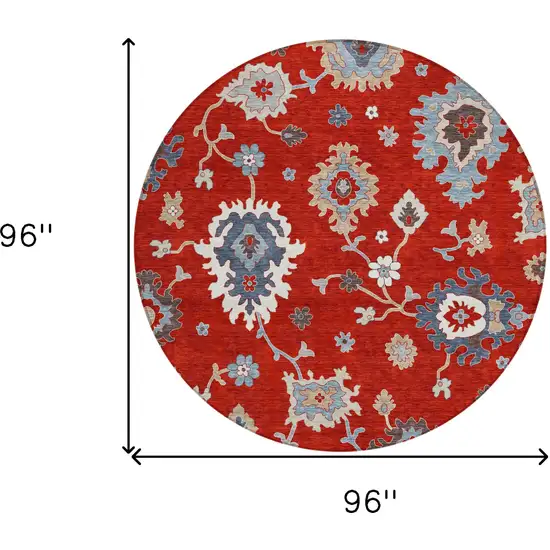 8' Red Gray And Taupe Round Floral Washable Indoor Outdoor Area Rug Photo 8