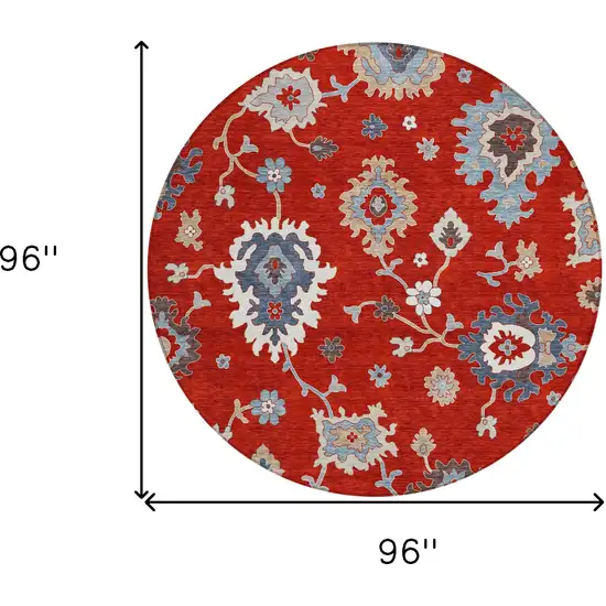 8' Red Gray And Taupe Round Floral Washable Indoor Outdoor Area Rug Photo 8