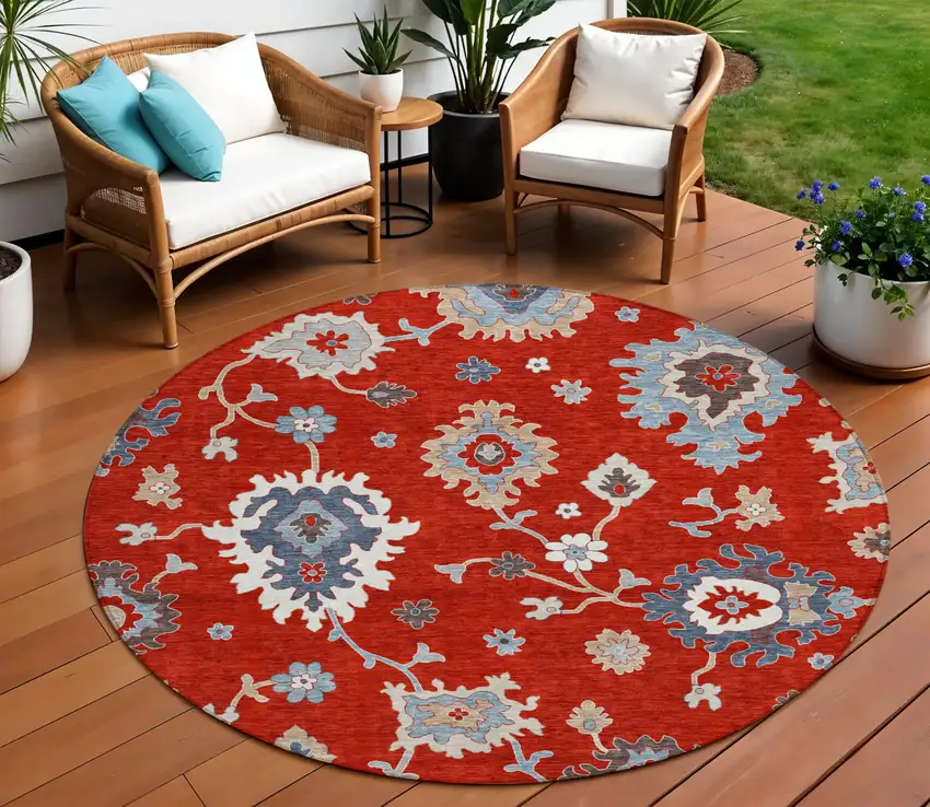8' Red Gray And Taupe Round Floral Washable Indoor Outdoor Area Rug Photo 1