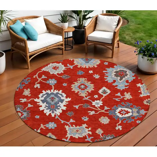 8' Red Gray And Taupe Round Floral Washable Indoor Outdoor Area Rug Photo 1