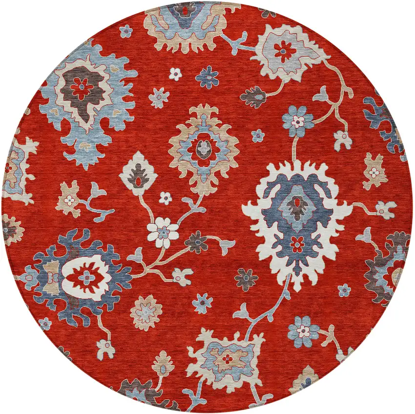 8' Red Gray And Taupe Round Floral Washable Indoor Outdoor Area Rug Photo 5