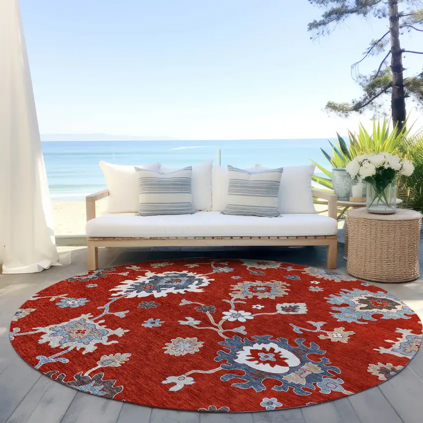 8' Red Gray And Taupe Round Floral Washable Indoor Outdoor Area Rug Photo 6