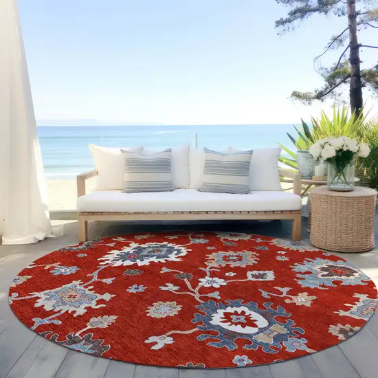8' Red Gray And Taupe Round Floral Washable Indoor Outdoor Area Rug Photo 6